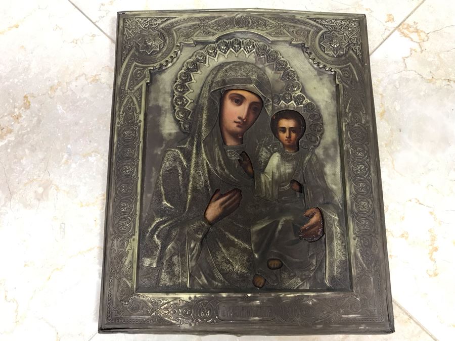 Antique Russian Orthodox Icon Of Virgin Mary With Jesus Handpainted Icon In Metal Riza Oklad 9 X 10.5 [Photo 4]