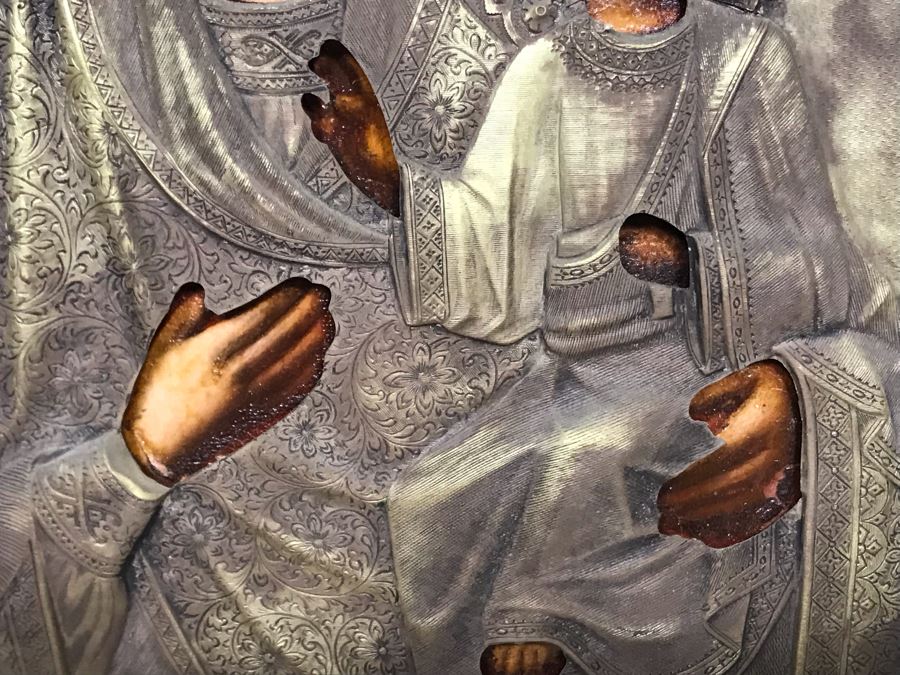 Antique Russian Orthodox Icon Of Virgin Mary With Jesus Handpainted Icon In Metal Riza Oklad 9 X 10.5 [Photo 26]