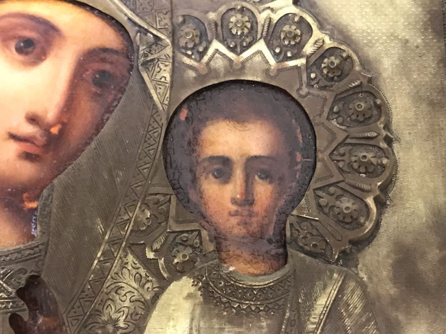 Antique Russian Orthodox Icon Of Virgin Mary With Jesus Handpainted Icon In Metal Riza Oklad 9 X 10.5 [Photo 18]