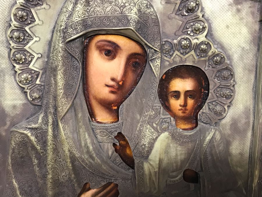 Antique Russian Orthodox Icon Of Virgin Mary With Jesus Handpainted Icon In Metal Riza Oklad 9 X 10.5 [Photo 24]