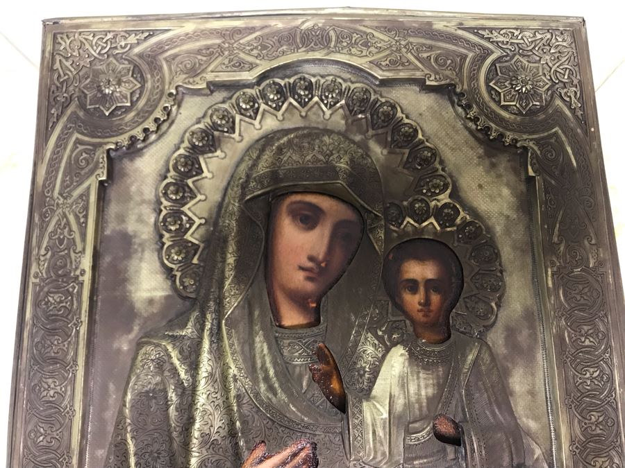 Antique Russian Orthodox Icon Of Virgin Mary With Jesus Handpainted Icon In Metal Riza Oklad 9 X 10.5 [Photo 7]