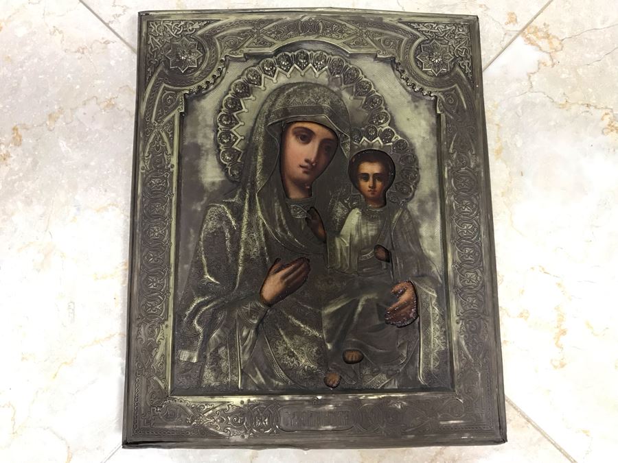 Antique Russian Orthodox Icon Of Virgin Mary With Jesus Handpainted Icon In Metal Riza Oklad 9 X 10.5 [Photo 2]