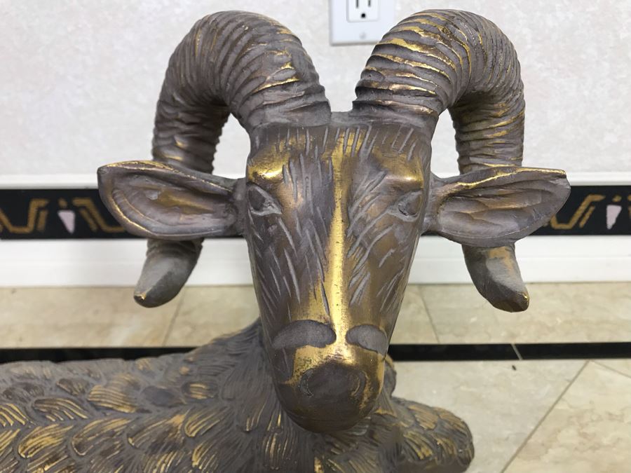 Gilded Carved Wooden Ram Bighorn Sheep Sculpture 17W X 7D X 14H [Photo 3]
