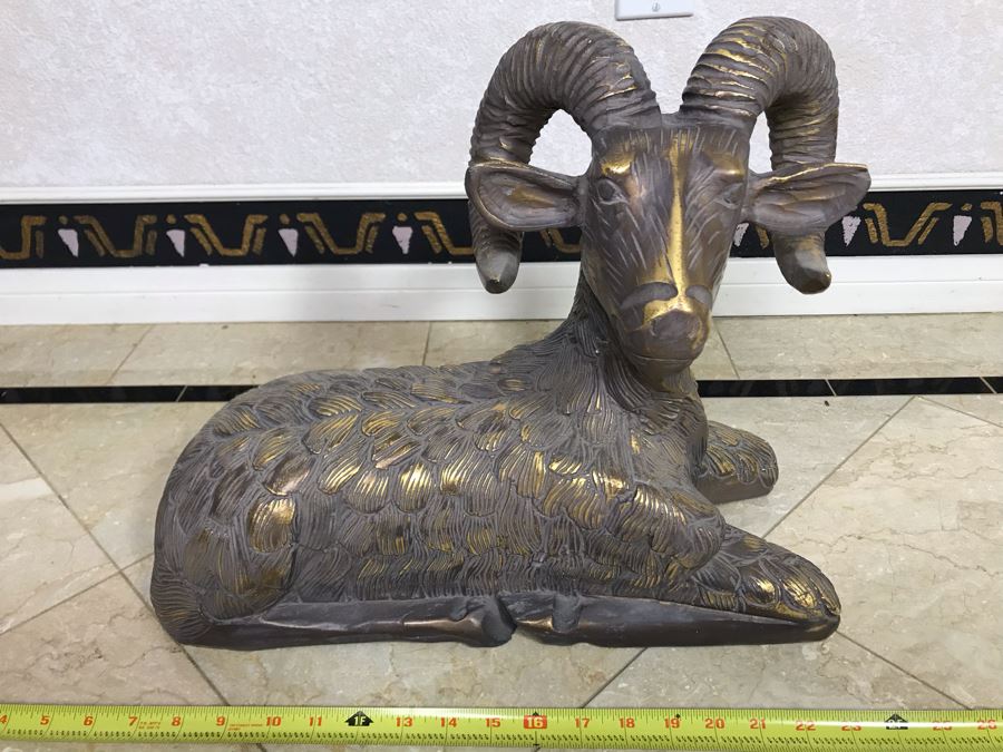 Gilded Carved Wooden Ram Bighorn Sheep Sculpture 17W X 7D X 14H [Photo 2]