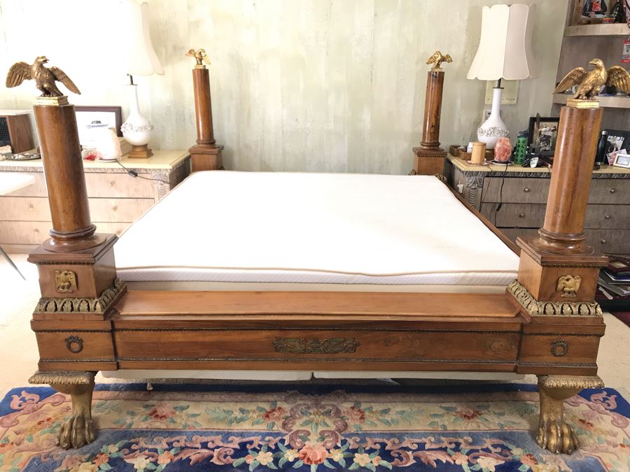 Impressive French Empire Style Ormolu Mounted 4 Post Bed With Gilded Eagle Finials At Each Post And Claw Feet 83W X 105L X 62H [Photo 6]