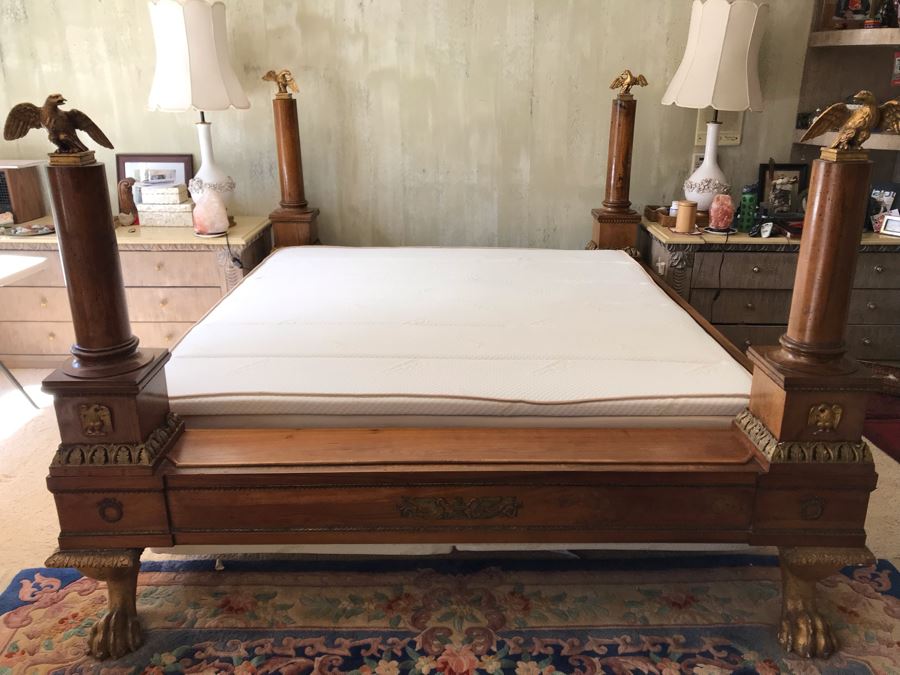 Impressive French Empire Style Ormolu Mounted 4 Post Bed With Gilded Eagle Finials At Each Post And Claw Feet 83W X 105L X 62H [Photo 3]