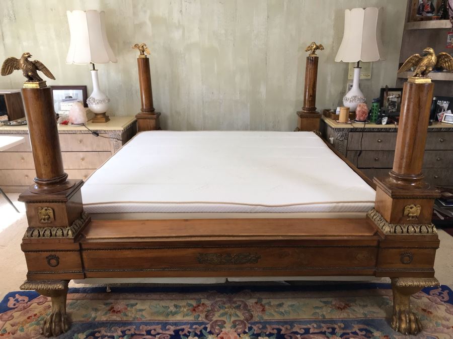 Impressive French Empire Style Ormolu Mounted 4 Post Bed With Gilded Eagle Finials At Each Post And Claw Feet 83W X 105L X 62H [Photo 4]