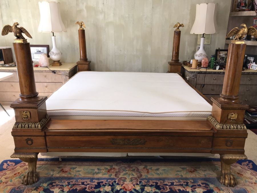 Impressive French Empire Style Ormolu Mounted 4 Post Bed With Gilded Eagle Finials At Each Post And Claw Feet 83W X 105L X 62H [Photo 7]