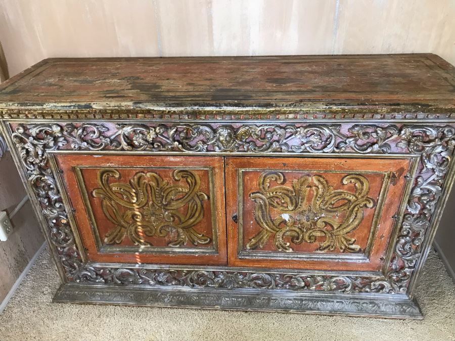 Stunning Antique Hand Carved Buffet Server Cabinet Handpainted From Rome Italy With Relief Carved Ornamentation 69W X 21D X 41H - See Photos [Photo 4]