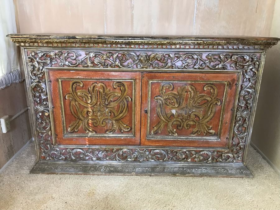Stunning Antique Hand Carved Buffet Server Cabinet Handpainted From Rome Italy With Relief Carved Ornamentation 69W X 21D X 41H - See Photos [Photo 2]