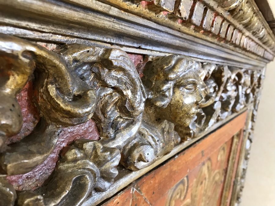 Stunning Antique Hand Carved Buffet Server Cabinet Handpainted From Rome Italy With Relief Carved Ornamentation 69W X 21D X 41H - See Photos [Photo 6]