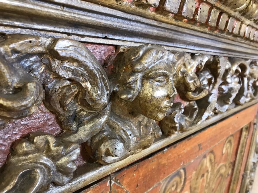 Stunning Antique Hand Carved Buffet Server Cabinet Handpainted From Rome Italy With Relief Carved Ornamentation 69W X 21D X 41H - See Photos [Photo 5]