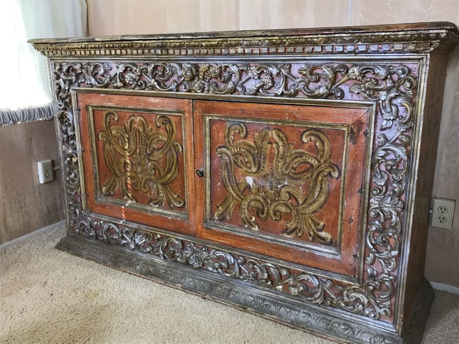 Stunning Antique Hand Carved Buffet Server Cabinet Handpainted From Rome Italy With Relief Carved Ornamentation 69W X 21D X 41H - See Photos [Photo 3]