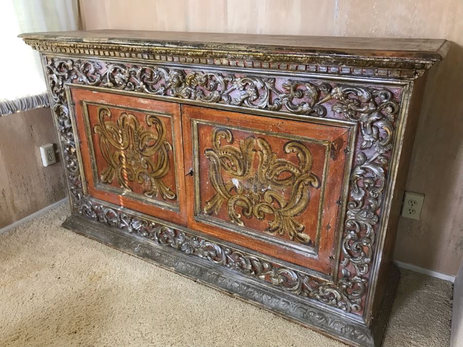 Stunning Antique Hand Carved Buffet Server Cabinet Handpainted From Rome Italy With Relief Carved Ornamentation 69W X 21D X 41H - See Photos [Photo 22]