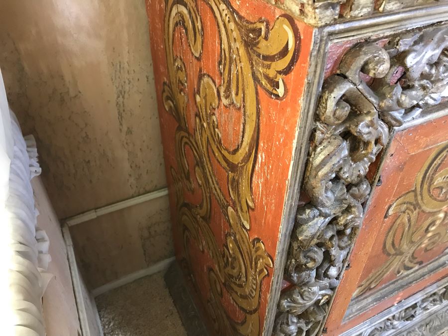 Stunning Antique Hand Carved Buffet Server Cabinet Handpainted From Rome Italy With Relief Carved Ornamentation 69W X 21D X 41H - See Photos [Photo 10]