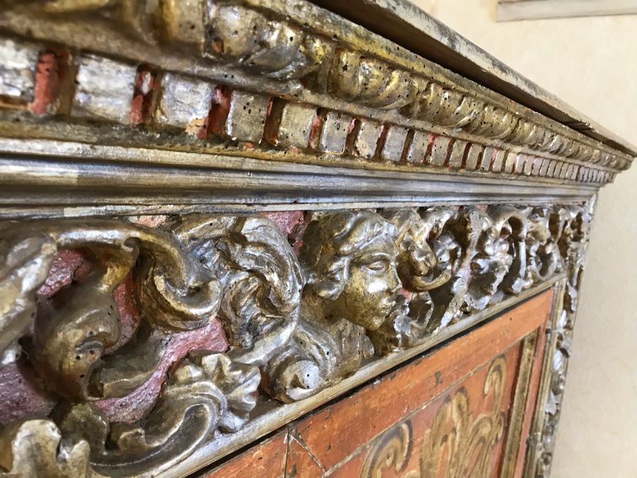 Stunning Antique Hand Carved Buffet Server Cabinet Handpainted From Rome Italy With Relief Carved Ornamentation 69W X 21D X 41H - See Photos [Photo 7]