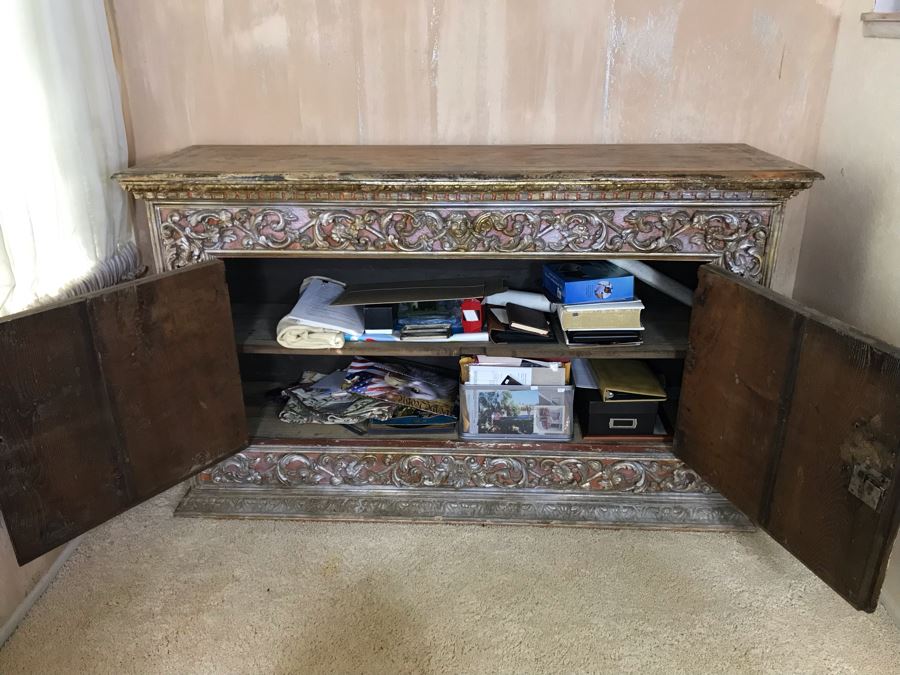 Stunning Antique Hand Carved Buffet Server Cabinet Handpainted From Rome Italy With Relief Carved Ornamentation 69W X 21D X 41H - See Photos [Photo 21]
