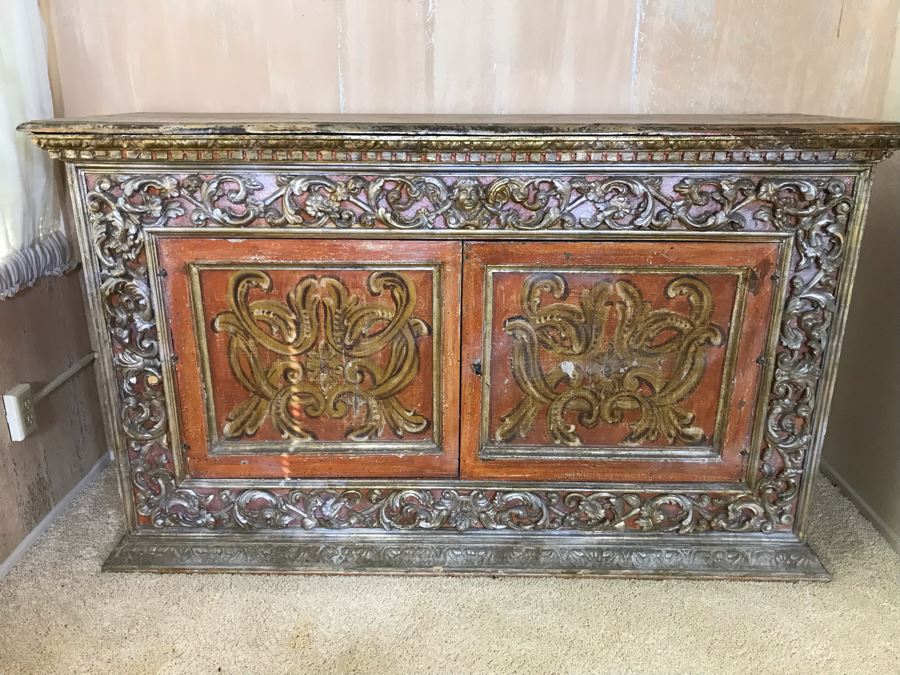 Stunning Antique Hand Carved Buffet Server Cabinet Handpainted From Rome Italy With Relief Carved Ornamentation 69W X 21D X 41H - See Photos [Photo 1]