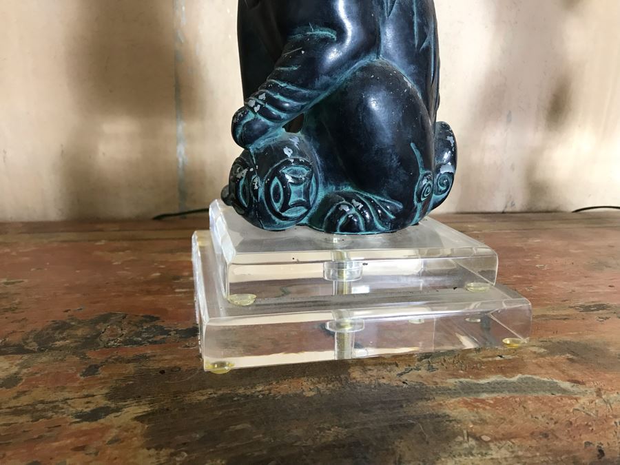 Pair Of Asian Painted Metal Foo Dog Table Lamps With Lucite Bases 6.5W X 41H [Photo 8]