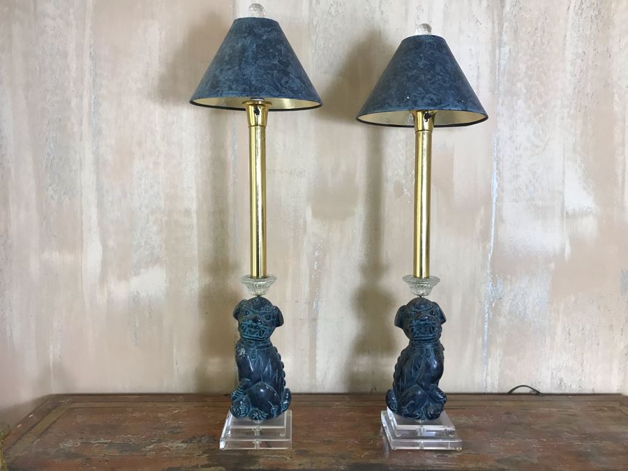 Pair Of Asian Painted Metal Foo Dog Table Lamps With Lucite Bases 6.5W X 41H [Photo 1]