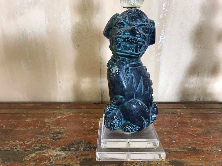 Pair Of Asian Painted Metal Foo Dog Table Lamps With Lucite Bases 6.5W X 41H [Photo 4]
