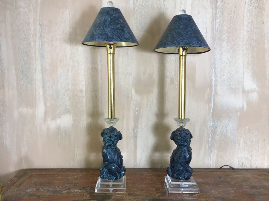 Pair Of Asian Painted Metal Foo Dog Table Lamps With Lucite Bases 6.5W X 41H [Photo 2]