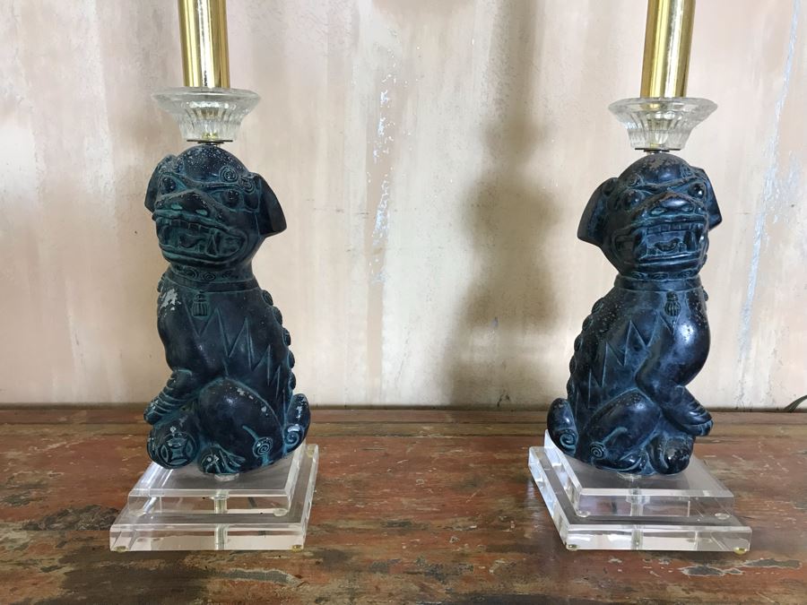 Pair Of Asian Painted Metal Foo Dog Table Lamps With Lucite Bases 6.5W X 41H [Photo 3]