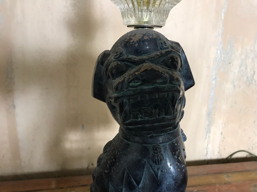 Pair Of Asian Painted Metal Foo Dog Table Lamps With Lucite Bases 6.5W X 41H [Photo 10]