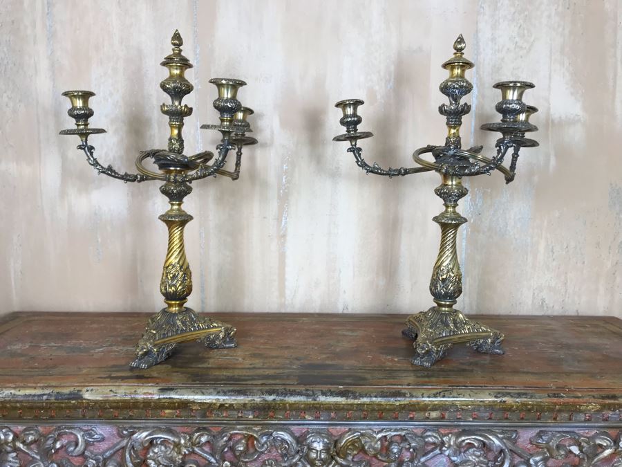 Pair Of Impressive Heavy Antique Gilt Bronze Lion Footed Four-Arm Candelabras From Getty Estate In Italy 19W X 28H - See Photos [Photo 4]