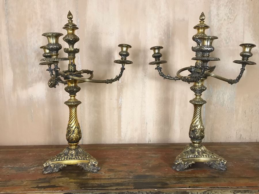 Pair Of Impressive Heavy Antique Gilt Bronze Lion Footed Four-Arm Candelabras From Getty Estate In Italy 19W X 28H - See Photos [Photo 28]