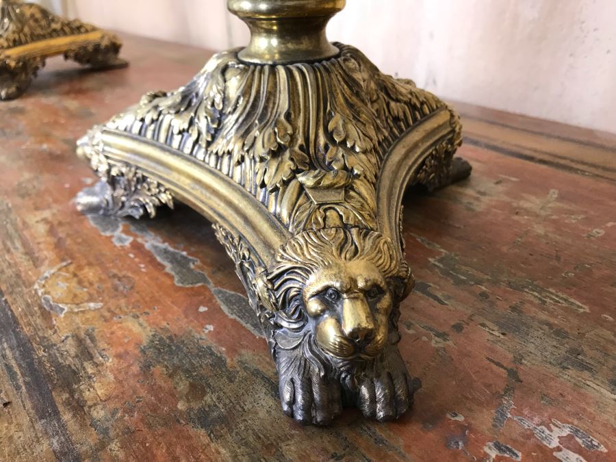 Pair Of Impressive Heavy Antique Gilt Bronze Lion Footed Four-Arm Candelabras From Getty Estate In Italy 19W X 28H - See Photos [Photo 22]