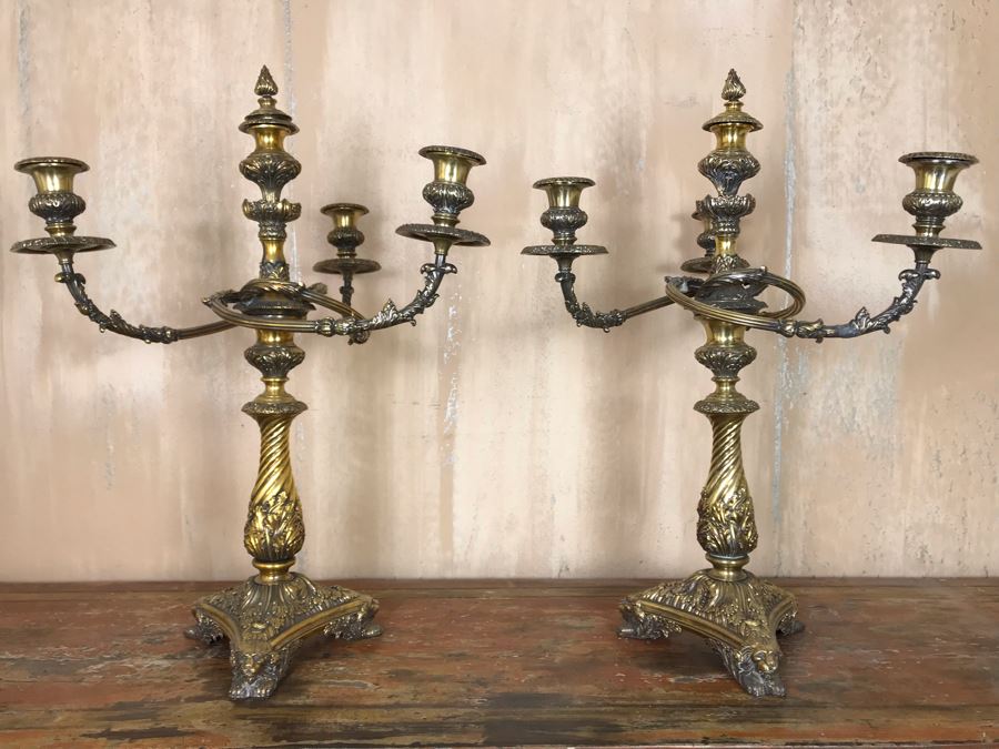Pair Of Impressive Heavy Antique Gilt Bronze Lion Footed Four-Arm Candelabras From Getty Estate In Italy 19W X 28H - See Photos [Photo 29]