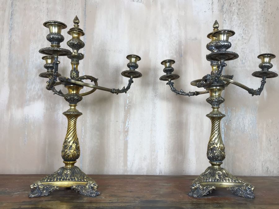 Pair Of Impressive Heavy Antique Gilt Bronze Lion Footed Four-Arm Candelabras From Getty Estate In Italy 19W X 28H - See Photos [Photo 7]