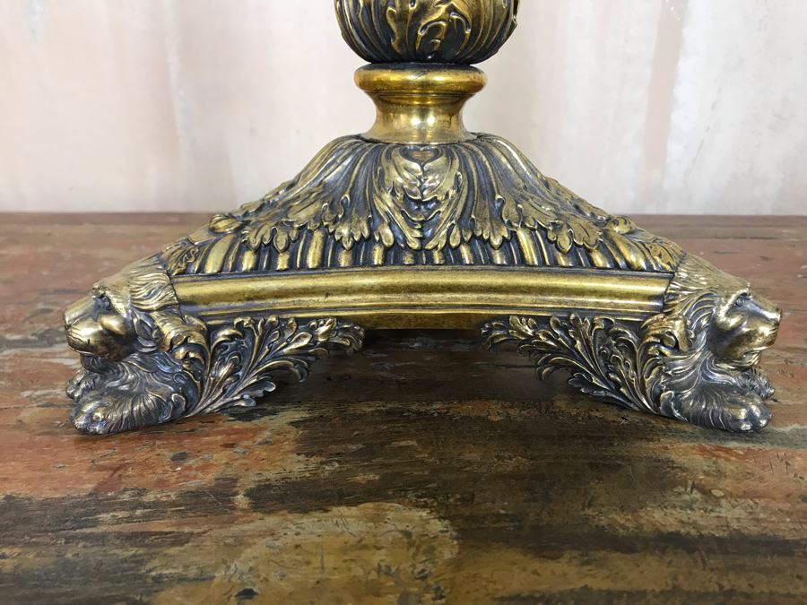 Pair Of Impressive Heavy Antique Gilt Bronze Lion Footed Four-Arm Candelabras From Getty Estate In Italy 19W X 28H - See Photos [Photo 8]