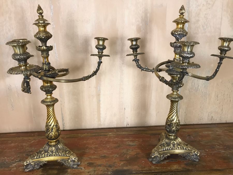 Pair Of Impressive Heavy Antique Gilt Bronze Lion Footed Four-Arm Candelabras From Getty Estate In Italy 19W X 28H - See Photos [Photo 26]