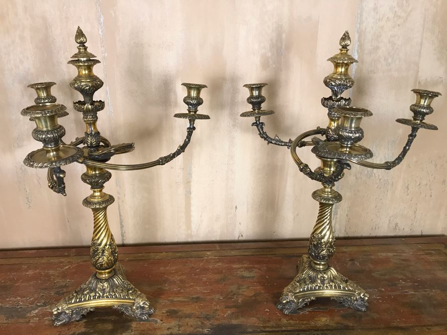 Pair Of Impressive Heavy Antique Gilt Bronze Lion Footed Four-Arm Candelabras From Getty Estate In Italy 19W X 28H - See Photos [Photo 25]