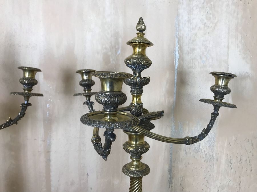 Pair Of Impressive Heavy Antique Gilt Bronze Lion Footed Four-Arm Candelabras From Getty Estate In Italy 19W X 28H - See Photos [Photo 20]