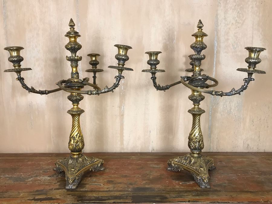Pair Of Impressive Heavy Antique Gilt Bronze Lion Footed Four-Arm Candelabras From Getty Estate In Italy 19W X 28H - See Photos