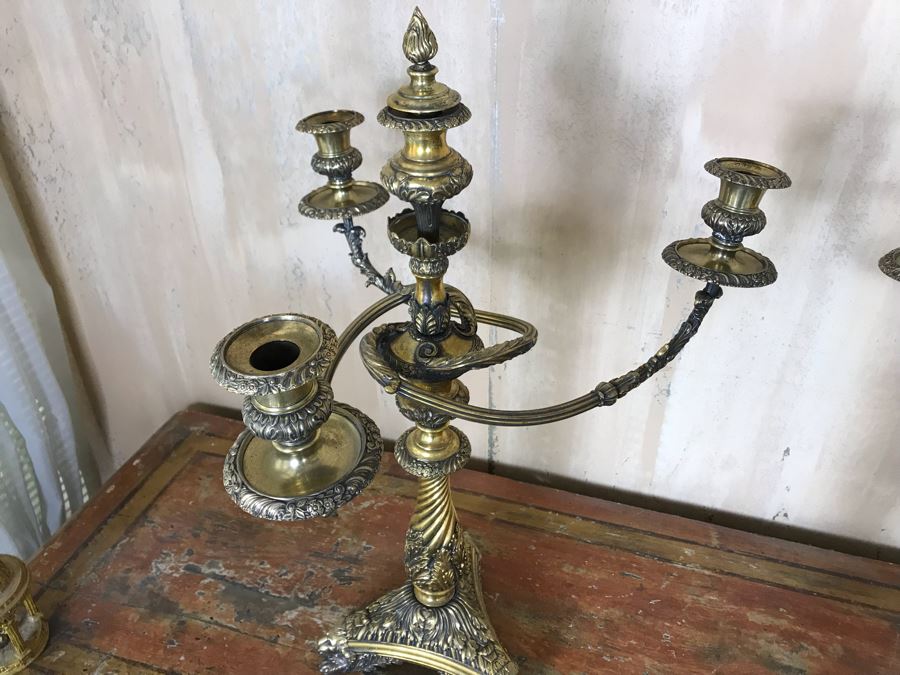 Pair Of Impressive Heavy Antique Gilt Bronze Lion Footed Four-Arm Candelabras From Getty Estate In Italy 19W X 28H - See Photos [Photo 18]