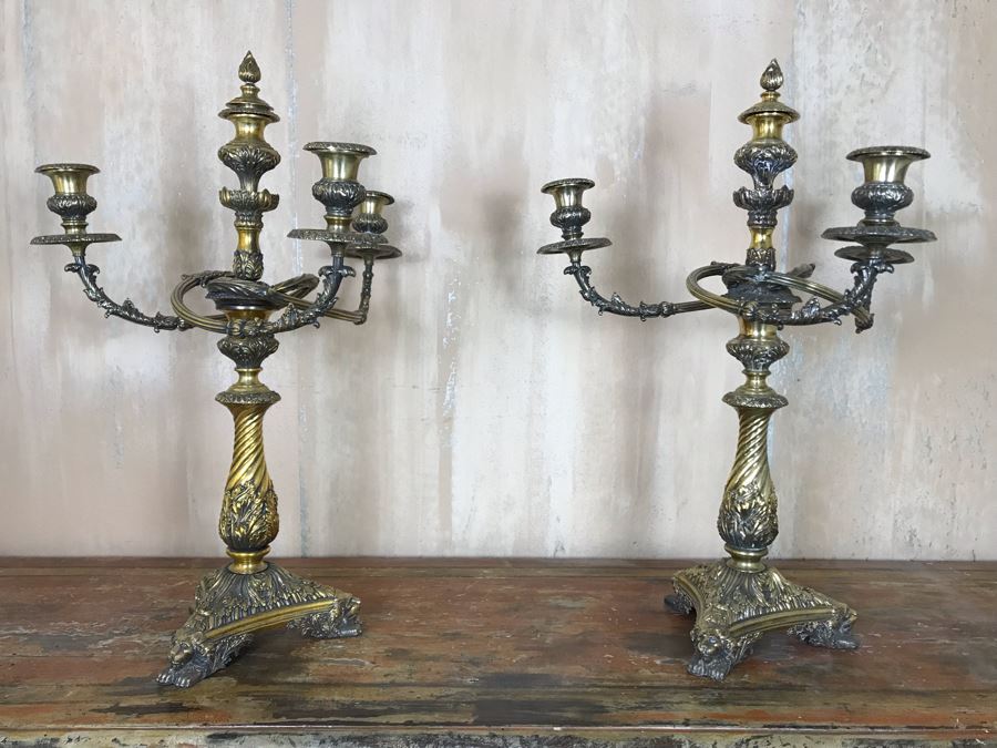 Pair Of Impressive Heavy Antique Gilt Bronze Lion Footed Four-Arm Candelabras From Getty Estate In Italy 19W X 28H - See Photos [Photo 3]