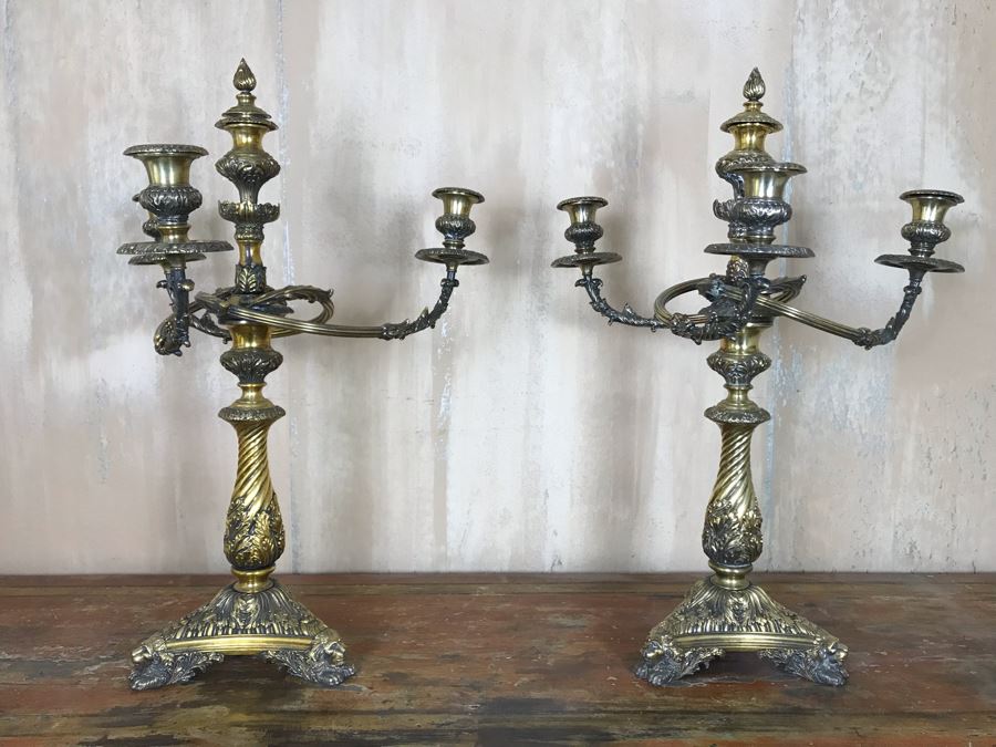 Pair Of Impressive Heavy Antique Gilt Bronze Lion Footed Four-Arm Candelabras From Getty Estate In Italy 19W X 28H - See Photos [Photo 6]