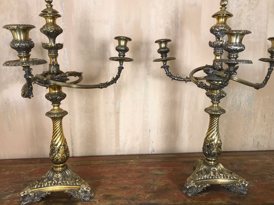 Pair Of Impressive Heavy Antique Gilt Bronze Lion Footed Four-Arm Candelabras From Getty Estate In Italy 19W X 28H - See Photos [Photo 27]