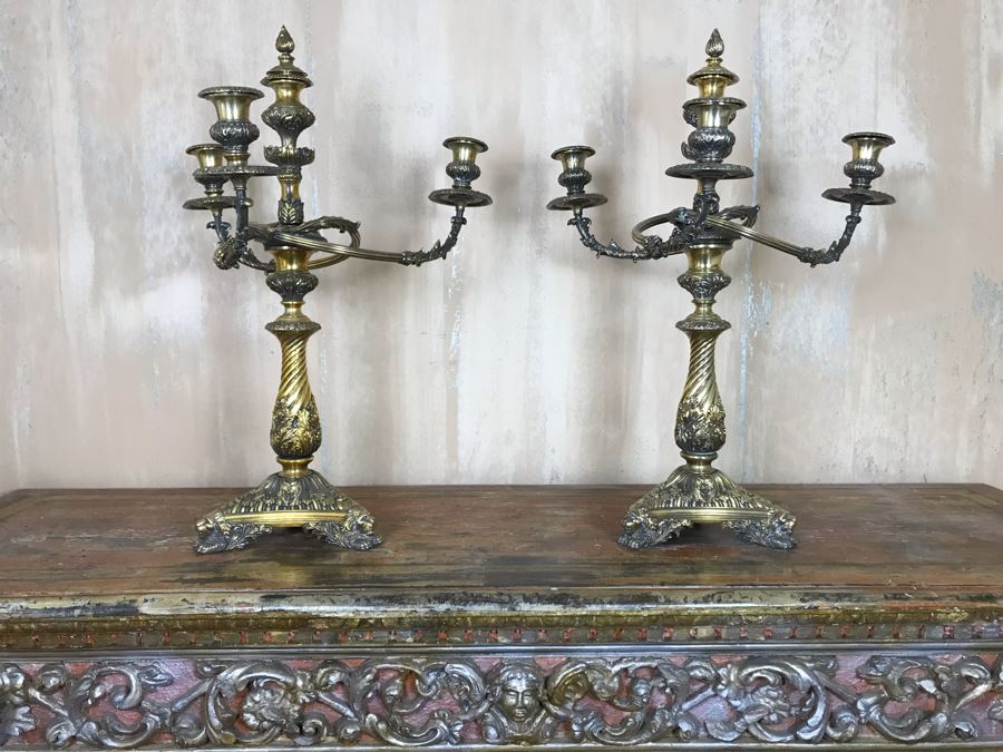 Pair Of Impressive Heavy Antique Gilt Bronze Lion Footed Four-Arm Candelabras From Getty Estate In Italy 19W X 28H - See Photos [Photo 5]