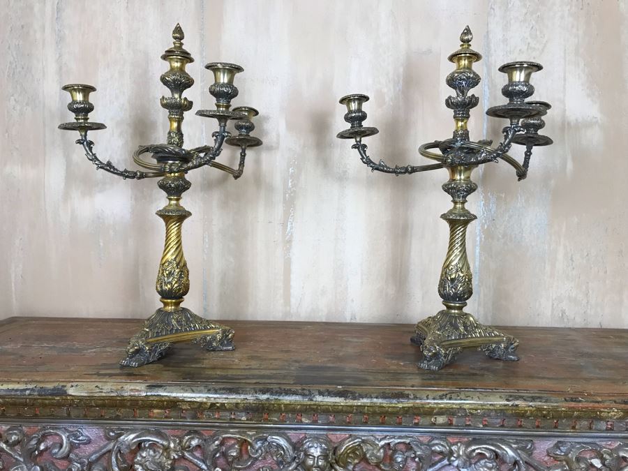 Pair Of Impressive Heavy Antique Gilt Bronze Lion Footed Four-Arm Candelabras From Getty Estate In Italy 19W X 28H - See Photos [Photo 2]
