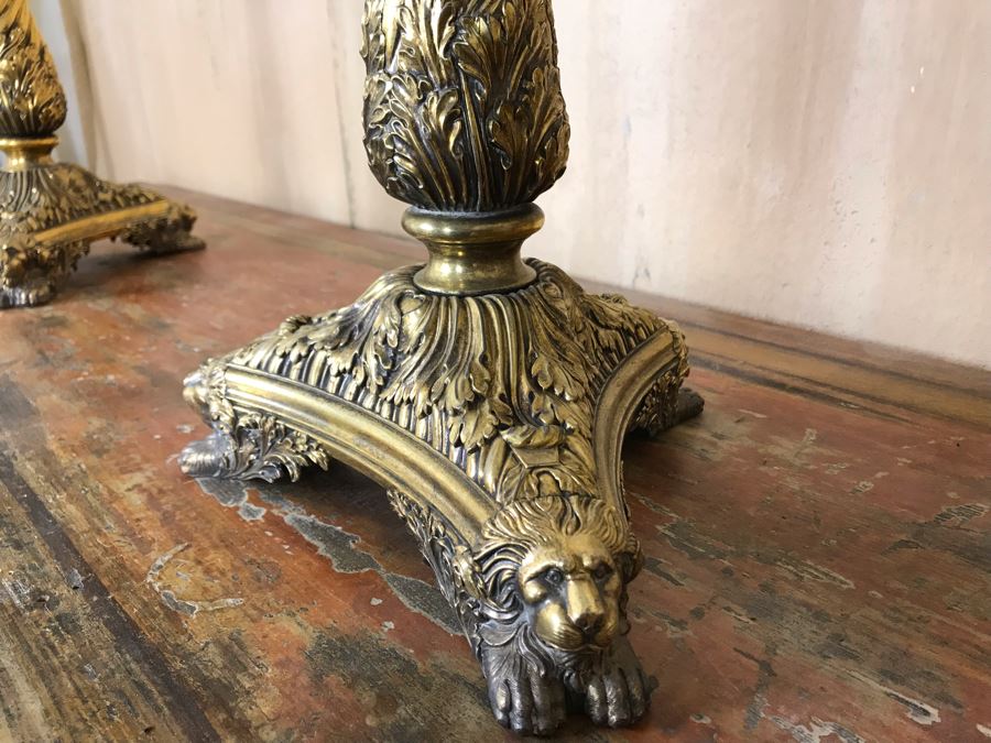 Pair Of Impressive Heavy Antique Gilt Bronze Lion Footed Four-Arm Candelabras From Getty Estate In Italy 19W X 28H - See Photos [Photo 23]
