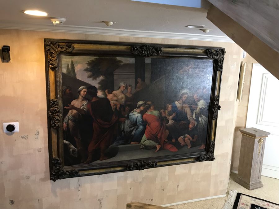 Large Original Antique Religious Oil Painting Of Jesus Blessing Children In Antique Wooden Painting From Rome Italy Measures 76W X 50H Frame Measures 90W X 64H - Has Reserve Price [Photo 30]
