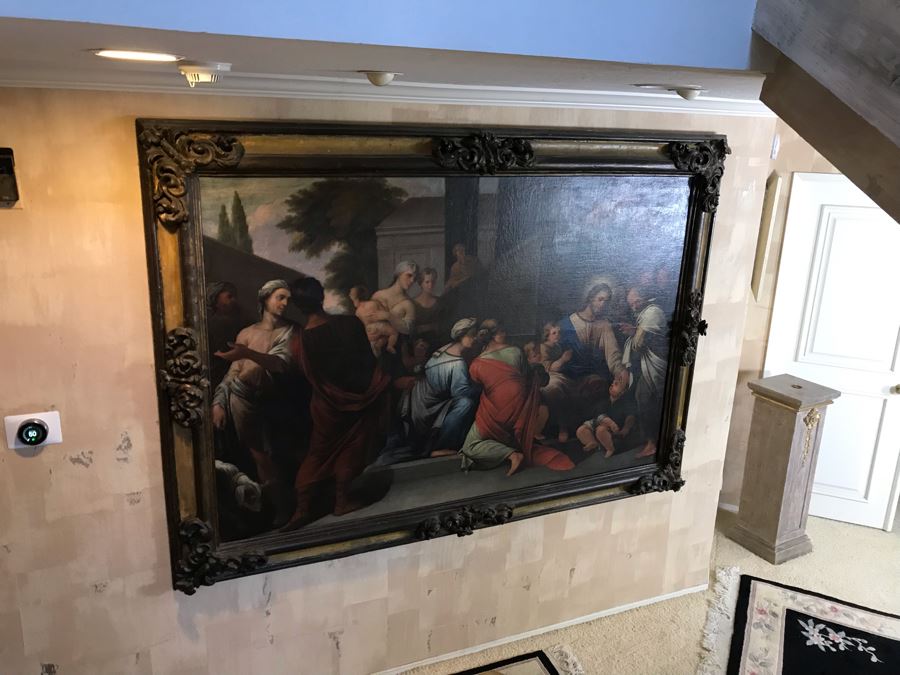 Large Original Antique Religious Oil Painting Of Jesus Blessing Children In Antique Wooden Painting From Rome Italy Measures 76W X 50H Frame Measures 90W X 64H - Has Reserve Price [Photo 28]