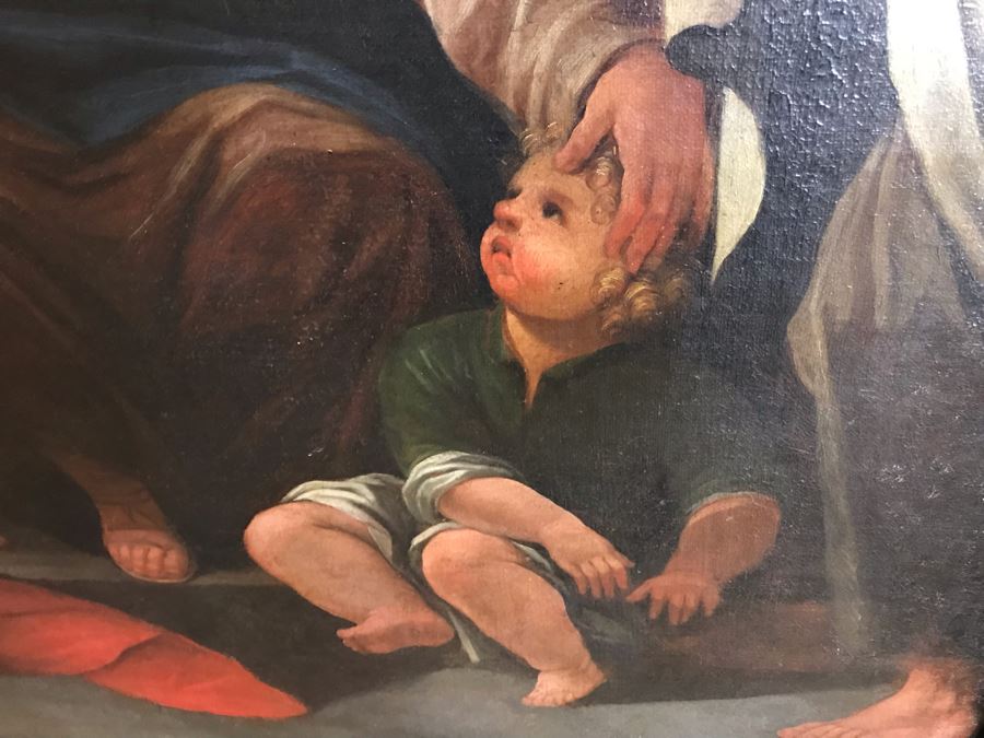 Large Original Antique Religious Oil Painting Of Jesus Blessing Children In Antique Wooden Painting From Rome Italy Measures 76W X 50H Frame Measures 90W X 64H - Has Reserve Price [Photo 11]