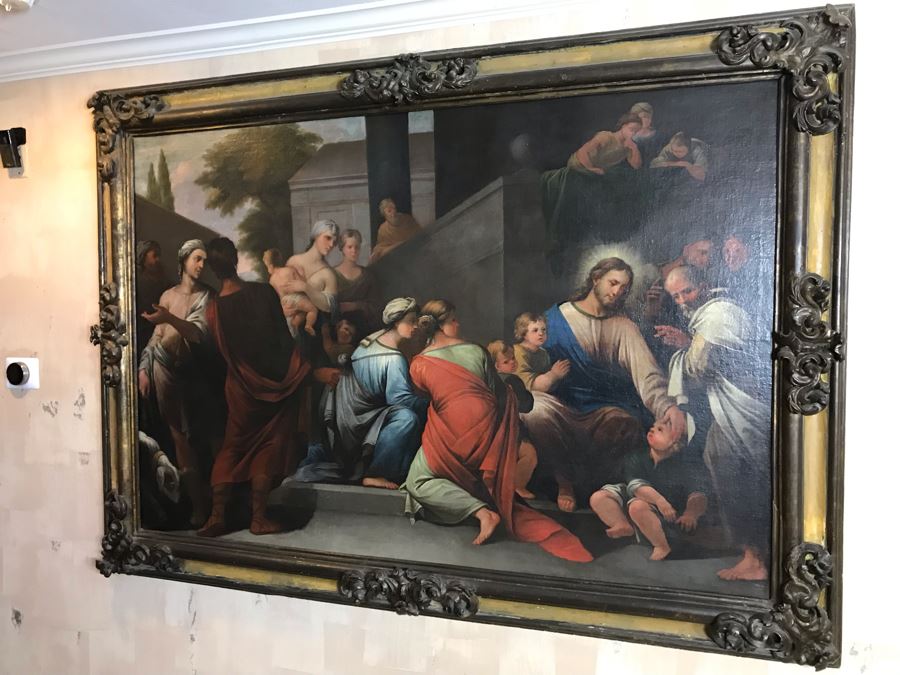 Large Original Antique Religious Oil Painting Of Jesus Blessing Children In Antique Wooden Painting From Rome Italy Measures 76W X 50H Frame Measures 90W X 64H - Has Reserve Price [Photo 1]