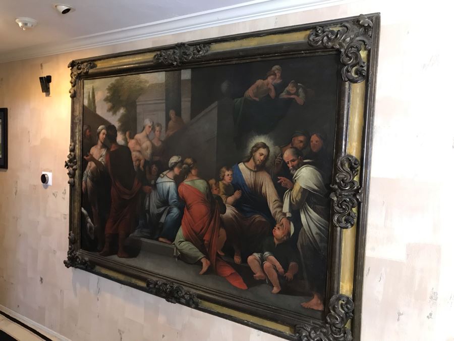 Large Original Antique Religious Oil Painting Of Jesus Blessing Children In Antique Wooden Painting From Rome Italy Measures 76W X 50H Frame Measures 90W X 64H - Has Reserve Price [Photo 15]